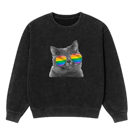 Cat LGBT Sunglasses Gay Pride Rainbow Flag Mineral Wash Sweatshirts