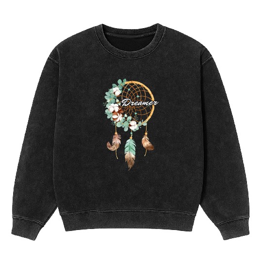 Beautiful Dreamcatcher Women Girls Flowers Feather Mineral Wash Sweatshirts