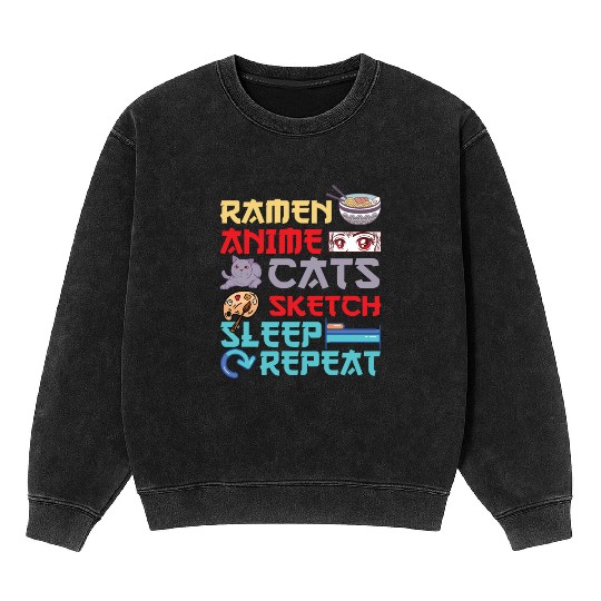 Ramen Anime Cats Sketch Sleep Mineral Wash Sweatshirts