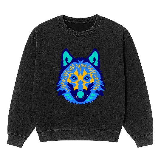 blue wolf face Mineral Wash Sweatshirts
