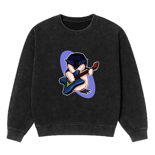 Penguin Mineral Wash Sweatshirts Children Penguin Guitar Heavy Metal