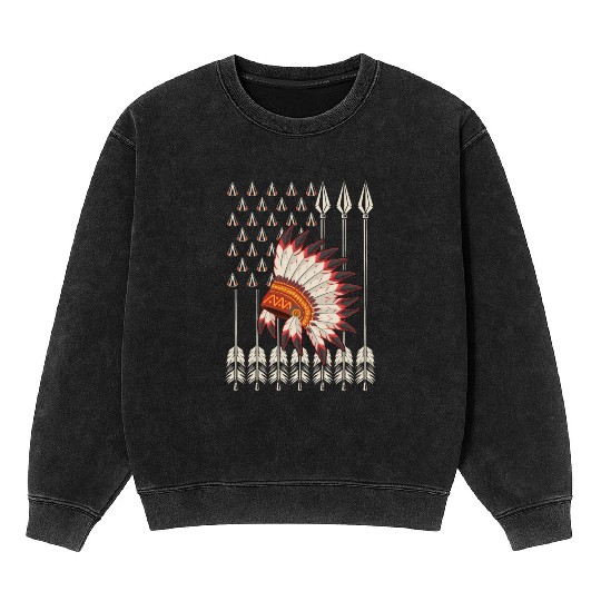 Native American Chief Traditional US Flag Mineral Wash Sweatshirts