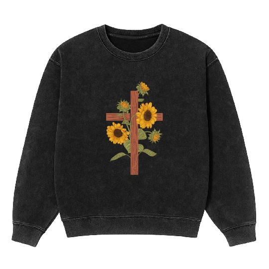 Christian Cross Sunflowers Religious Women Faith Mineral Wash Sweatshirts