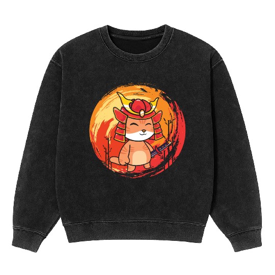 cute cat with samurai helmet and sword Mineral Wash Sweatshirts cats