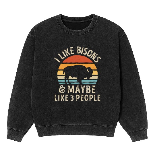 I Like Bisons and Maybe 3 People Retro Sunset Vint Mineral Wash Sweatshirts