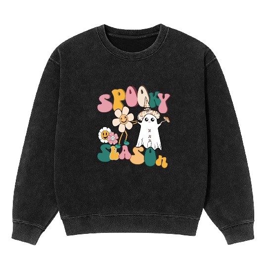 Spooky Season Retro Flowers Halloween Ghost Girls Mineral Wash Sweatshirts