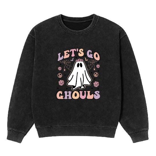Let's Go Ghouls Scary Retro Ghost Gift For Girls Mineral Wash Sweatshirts