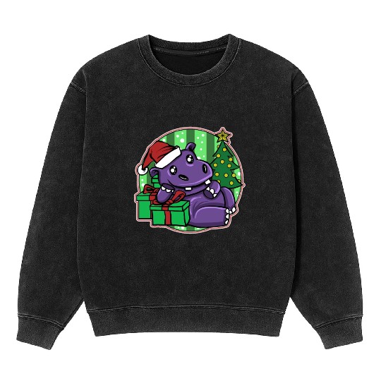 Christmas Ugly Christmas Xmas Hippopotamus Mineral Wash Sweatshirts