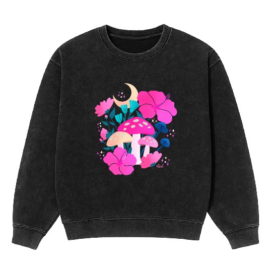 Mushrooms and Hibiscus Dreams Pink Mineral Wash Sweatshirts