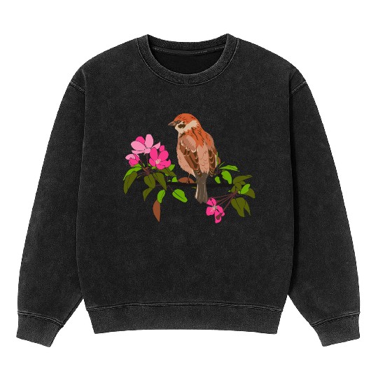 Sparrow on a branch pink flowers of an apple tree Mineral Wash Sweatshirts