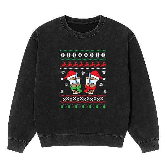 Christmas Bubble Boba Tea Winter Xmas Holiday Mineral Wash Sweatshirts