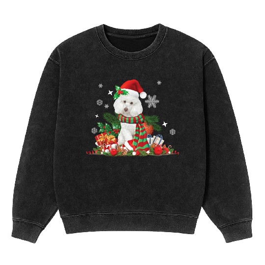 Christmas white Poodle Santa Claus Hat Mineral Wash Sweatshirts