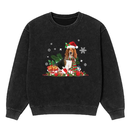 Christmas Basset Hound wearing a Santa Claus Hat Mineral Wash Sweatshirts