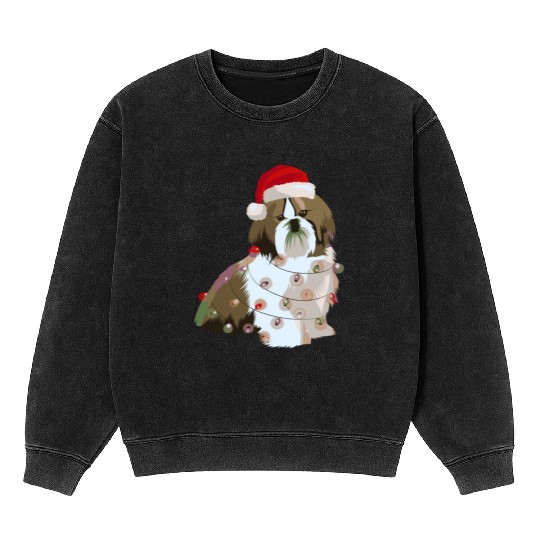 Shih Tzu Christmas Lights Xmas Dog Lover Mineral Wash Sweatshirts