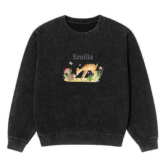 Forest Animal Deer Hedgehog Flowers Name Emilia Mineral Wash Sweatshirts