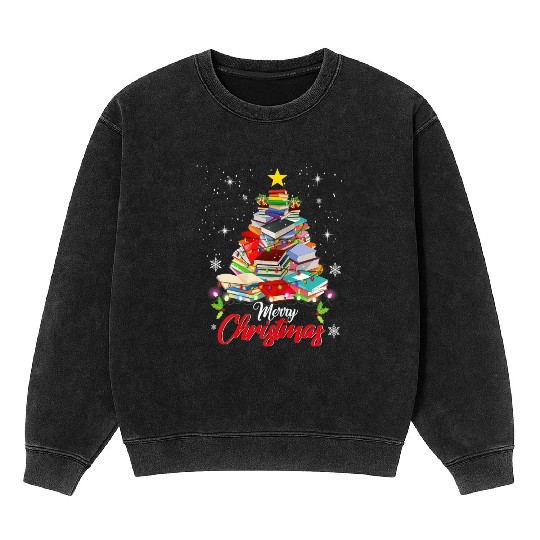 Merry Christmas Tree Love Reading Books Librarian Mineral Wash Sweatshirts