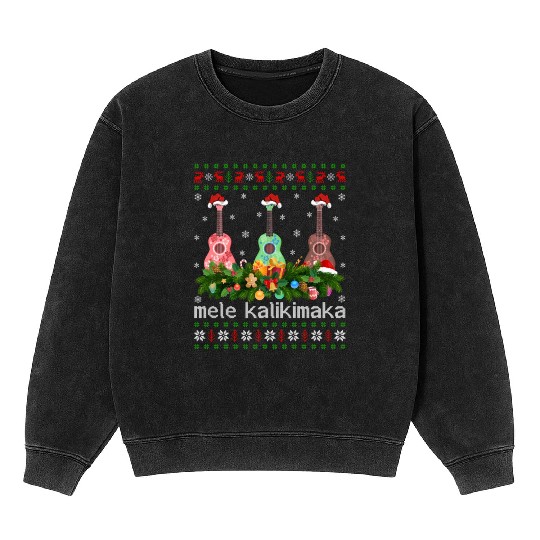 Mele Kalikimaka Ukulele Guitar Gift Ugly Ukulele Mineral Wash Sweatshirts