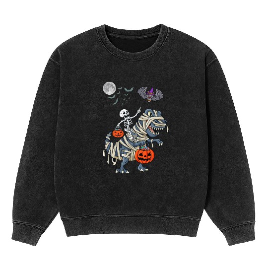 Funny Skeleton Riding Mummy dinosaur Halloween Mineral Wash Sweatshirts