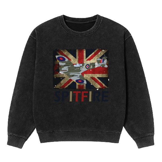 Spitfire WW2 Fighter Aircraft Airplane Union Jack Mineral Wash Sweatshirts