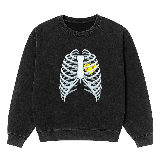 Funny Softbal Heart Skeleton Rib Cage Halloween Mineral Wash Sweatshirts