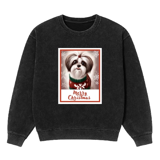 Shih tzu dog in a Christmas reindeer sweater. Mineral Wash Sweatshirts