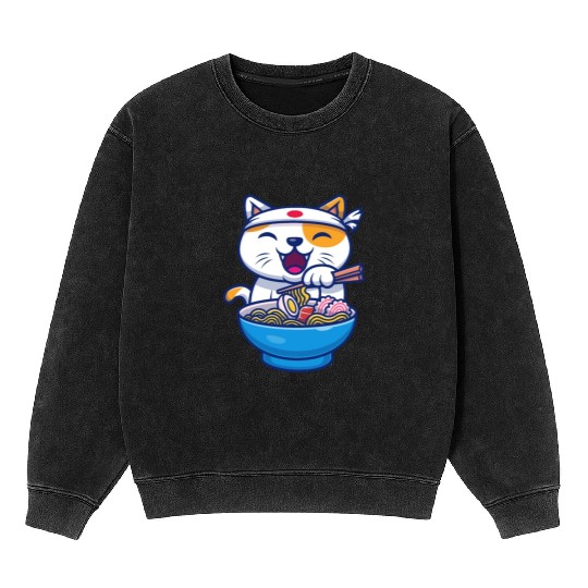 Ramen Cute Cat Japan Kawaii Mineral Wash Sweatshirts