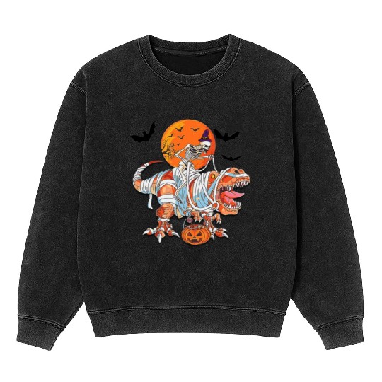 Skeleton Riding Mummy Dinosaurs T Rex Halloween Mineral Wash Sweatshirts