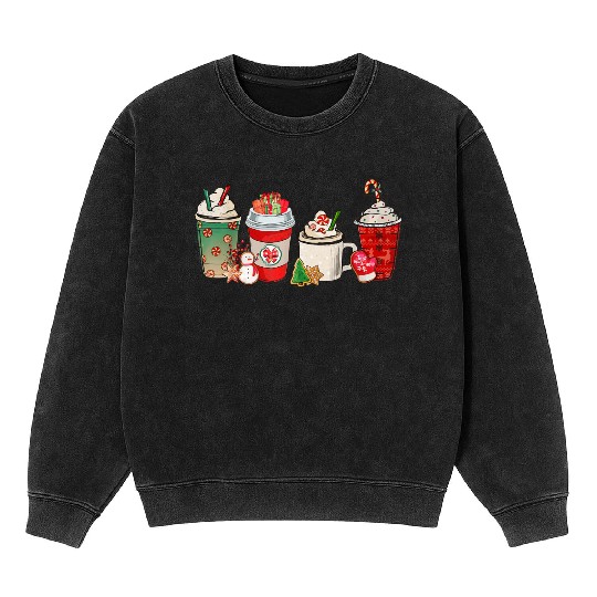 Merry Christmas Coffee Snowman Latte Peppermint Mineral Wash Sweatshirts