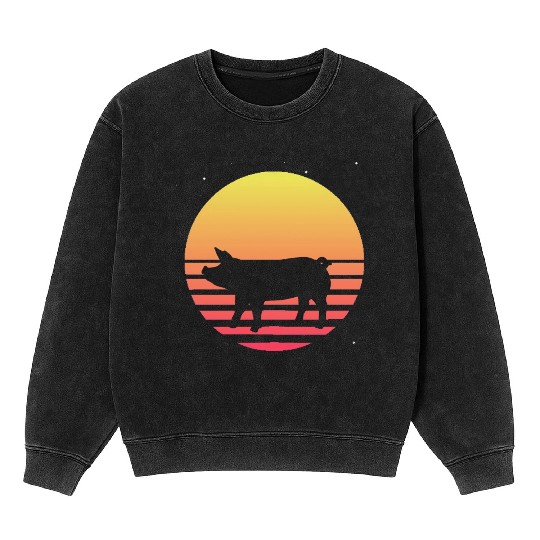Farm Animal Lover Farmer Gift Retro Vaporwave Pig Mineral Wash Sweatshirts