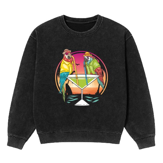 Parrots Drinking Margarita Hawaiian Birds Gift Mineral Wash Sweatshirts