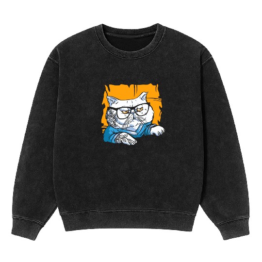 Stylish Nerd Persian Cat Beanie Glasses Tattoo Mineral Wash Sweatshirts