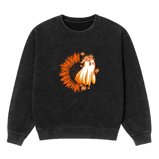 Halloween Theme Cute Ghost Sunflower Coffee Lover Mineral Wash Sweatshirts
