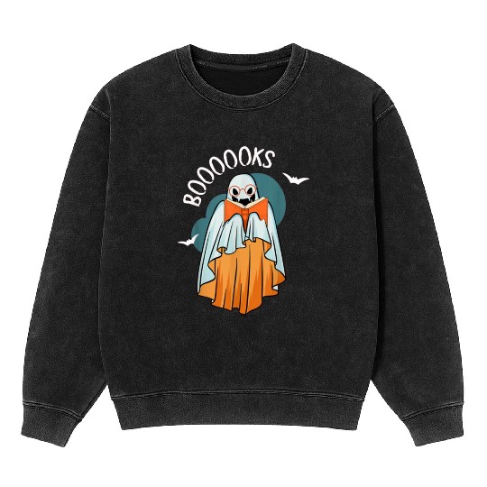 Ghost Book Reading Teacher School Funny Halloween Mineral Wash Sweatshirts