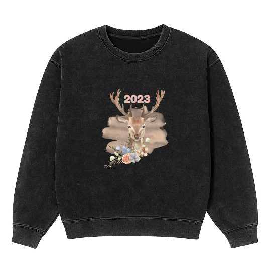 Brown Beige Watercolor Illustrated Deer Mineral Wash Sweatshirts