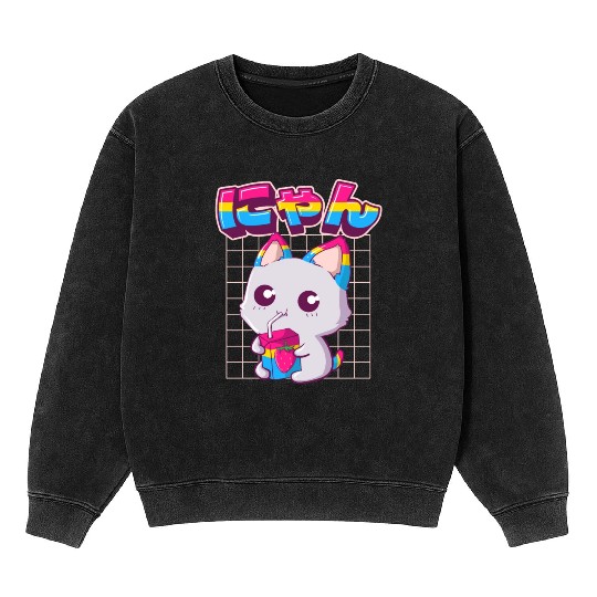 Pansexual Pride Kawaii Cat Strawberry Milk Pansexu Mineral Wash Sweatshirts