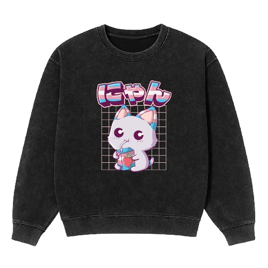 Transgender Pride Kawaii Cat Strawberry Milk Trans Mineral Wash Sweatshirts