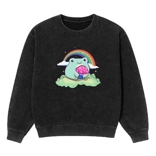 Bisexual Pride Bi Kawaii Frog Mushroom Cottagecore Mineral Wash Sweatshirts