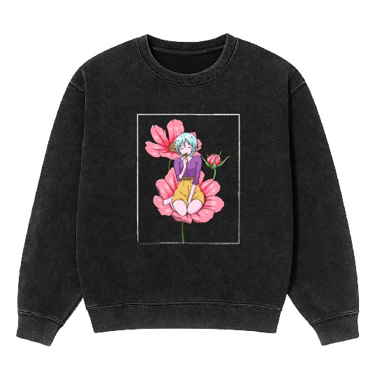 Bloomcore Aesthetic Anime Girl Flowers Cottagecore Mineral Wash Sweatshirts