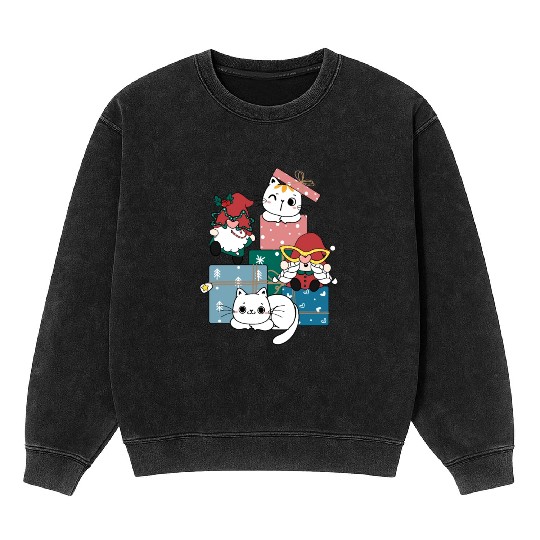 cute gnome and kitty cats on present gift box Mineral Wash Sweatshirts