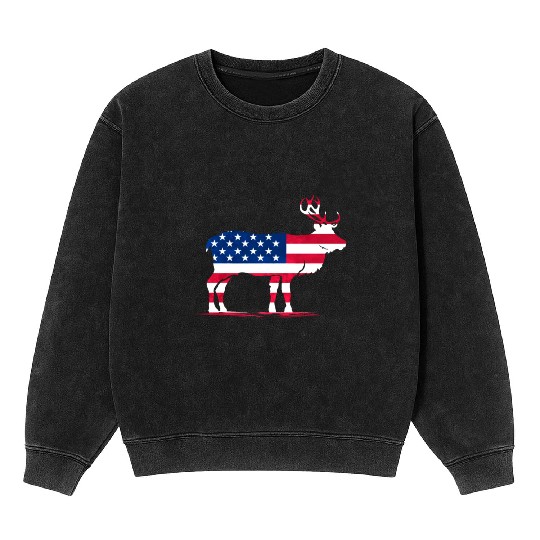 Patriotic US Flag Colored Moose Reindeer Elch Mineral Wash Sweatshirts