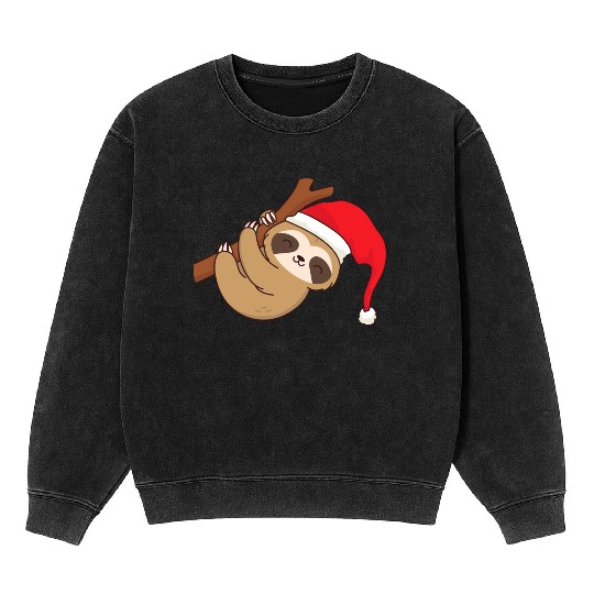 Sloth with Christmas hat hangs chilling on branch Mineral Wash Sweatshirts