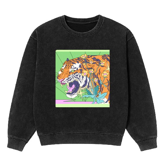 Tiger in a flower garden in a retro fantasy design Mineral Wash Sweatshirts