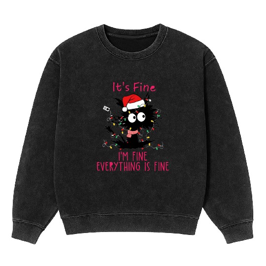 Everything's Fine Black Cat Tangled in XMAS Light Mineral Wash Sweatshirts