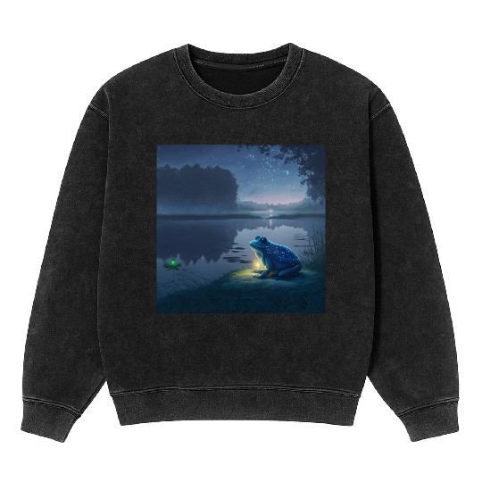 Blue Frog and Firefly on a pond at Night Mineral Wash Sweatshirts