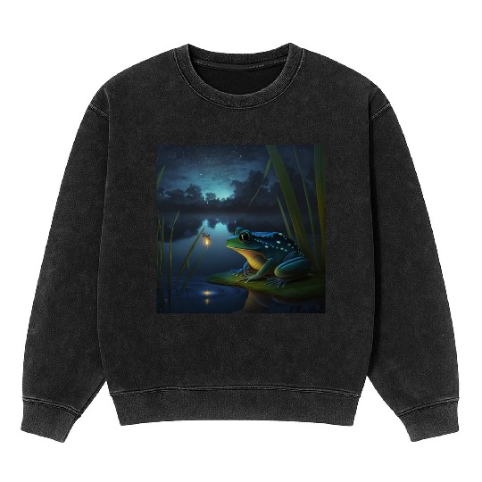 Frog and Firefly Friends on the Pond at Night Mineral Wash Sweatshirts