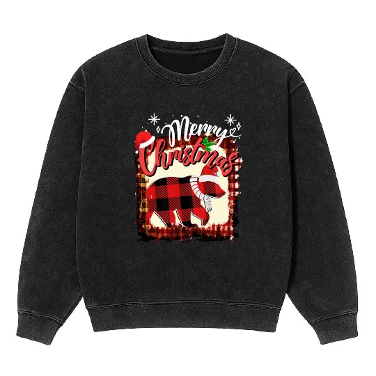 Merry Christmas Vintage Black Buffalo Plaid bear Mineral Wash Sweatshirts