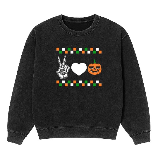 Halloween Mineral Wash Sweatshirts, Peace Love Pumpkin Skeleton Hand