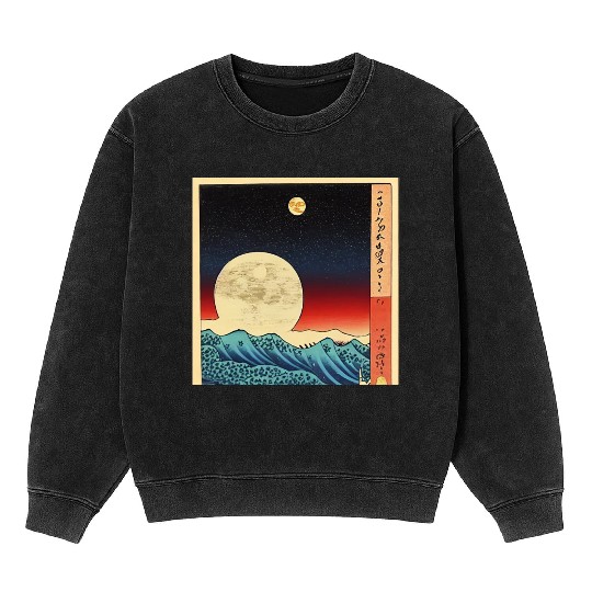 Ukiyo-e Moon over Mountain Range, Japanese Print Mineral Wash Sweatshirts