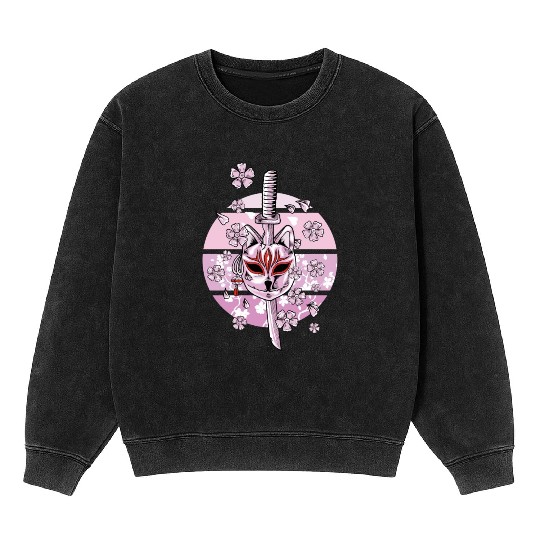 Kitsune Mask Japanese Nine Tailed Fox Cherry Mineral Wash Sweatshirts