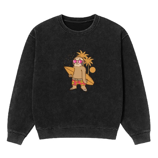 Sloth on the Beach with Surfboard lazy Mineral Wash Sweatshirts
